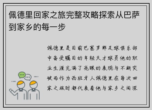 佩德里回家之旅完整攻略探索从巴萨到家乡的每一步